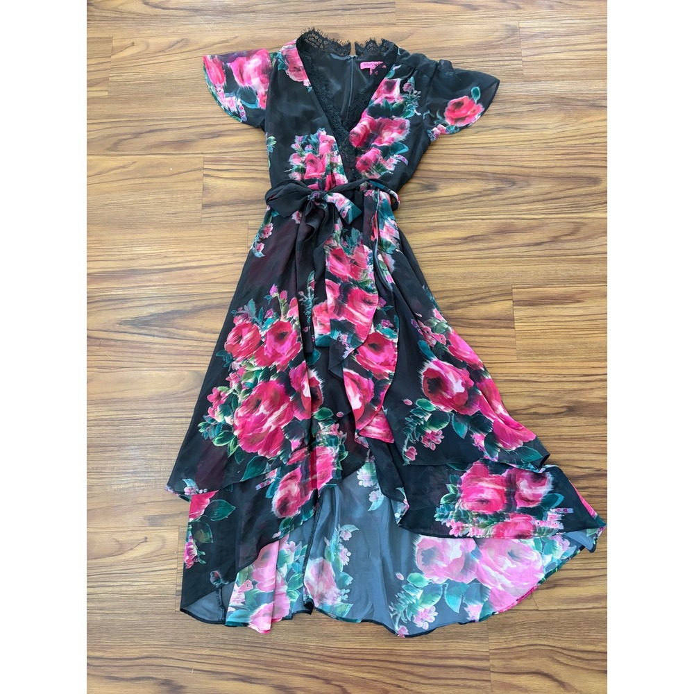 Betsey Johnson dress black pink floral chiffon wrap dress high-low sz 4P y2k